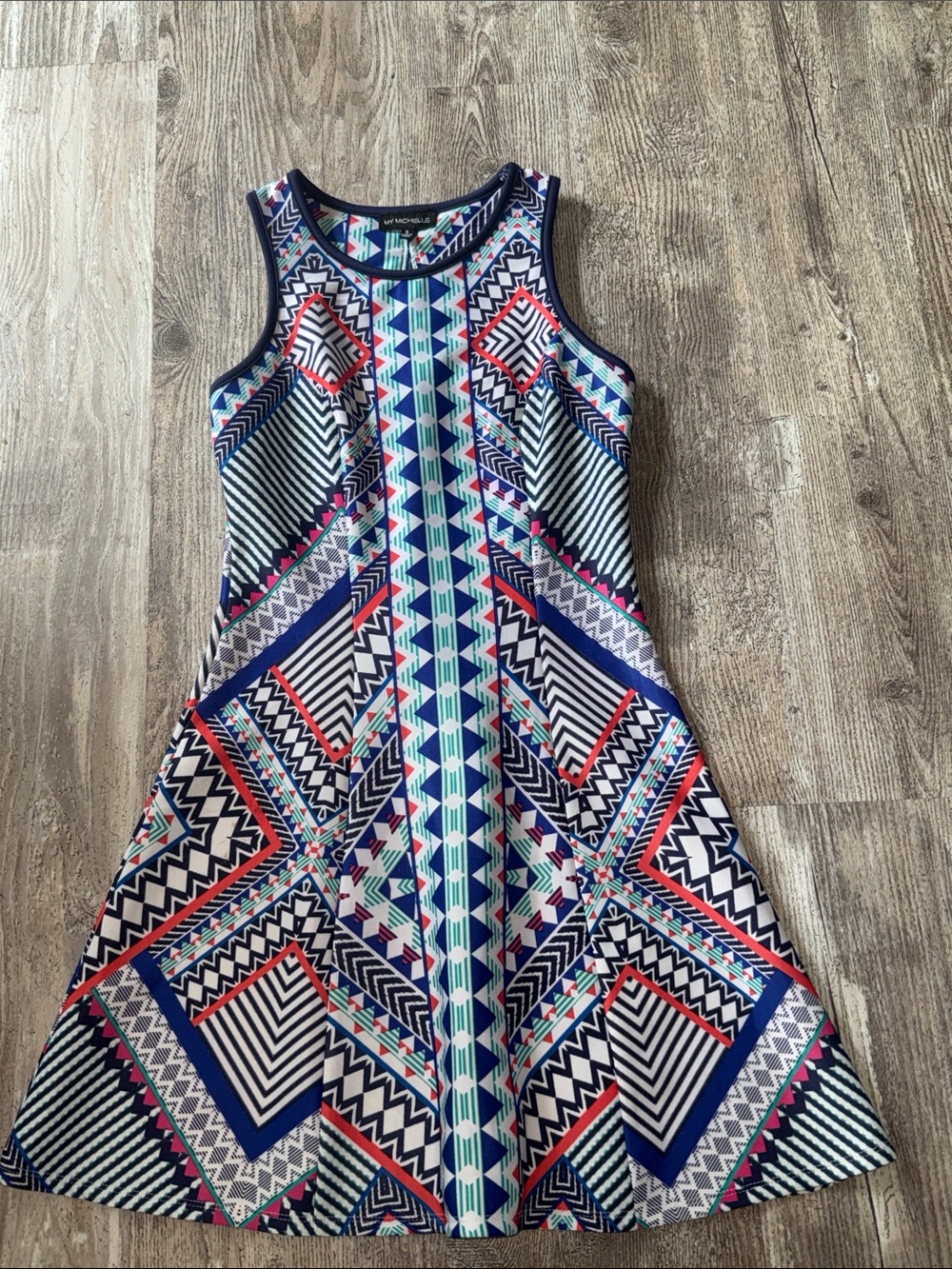 My Michelle Navy, Teal & Coral Geometric Sleeveless Dress